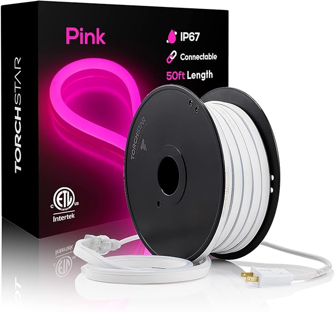 TORCHSTAR Premium 50ft LED Neon Rope Lights Easter &amp Spring Decoration Outdoor IP67 Waterproof 120V UL Plug ETL Listed Connectable Neon Light Strip for Shop Sign Max 3 Sets(150FT) Pink Light