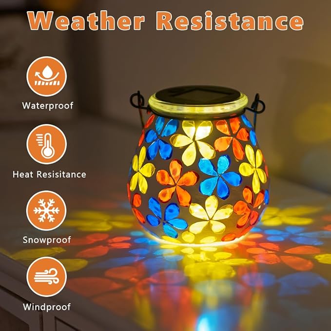 Stargarden 2Pack Mosaic Solar Lanterns Glass Hanging Lantern Waterproof Outdoor Haning Lights Flower Decorative Table Lamp for Garden PatioYard Decor