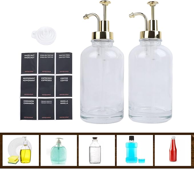 2PCS Syrup Dispensers for Coffee Accessories Glass Syrup Bottle Pump with 9 Labels Silicone Funnel Gold Precise Dispensing Stylish Addition to Coffee Shop Cafe Home Bar
