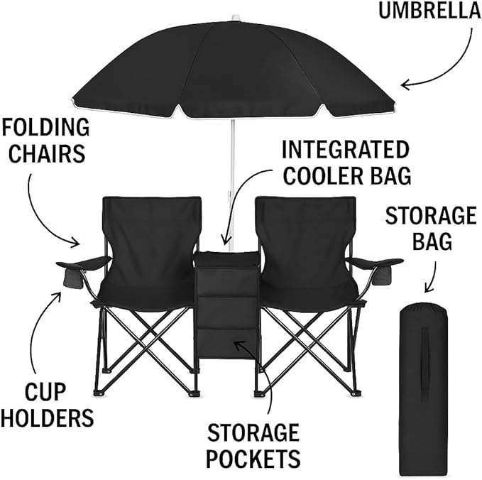 GoTEAM! Portable 2-Seat Folding Camp Chair with Cooler Umbrella &amp Cup Holders – Outdoor Picnic Beach or Tailgate Seating – Carry Case Included