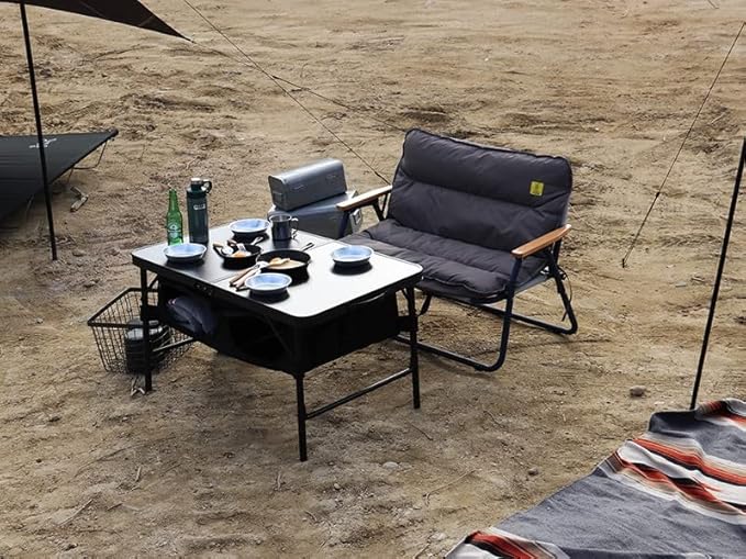 DOD Good Luck Table - Folding Camping Table with 66 LBS Capacity - Folding Camp Table Storage Shelves Height Adjustable Legs - Picnic for Outdoor Camping BBQ Beach - Black