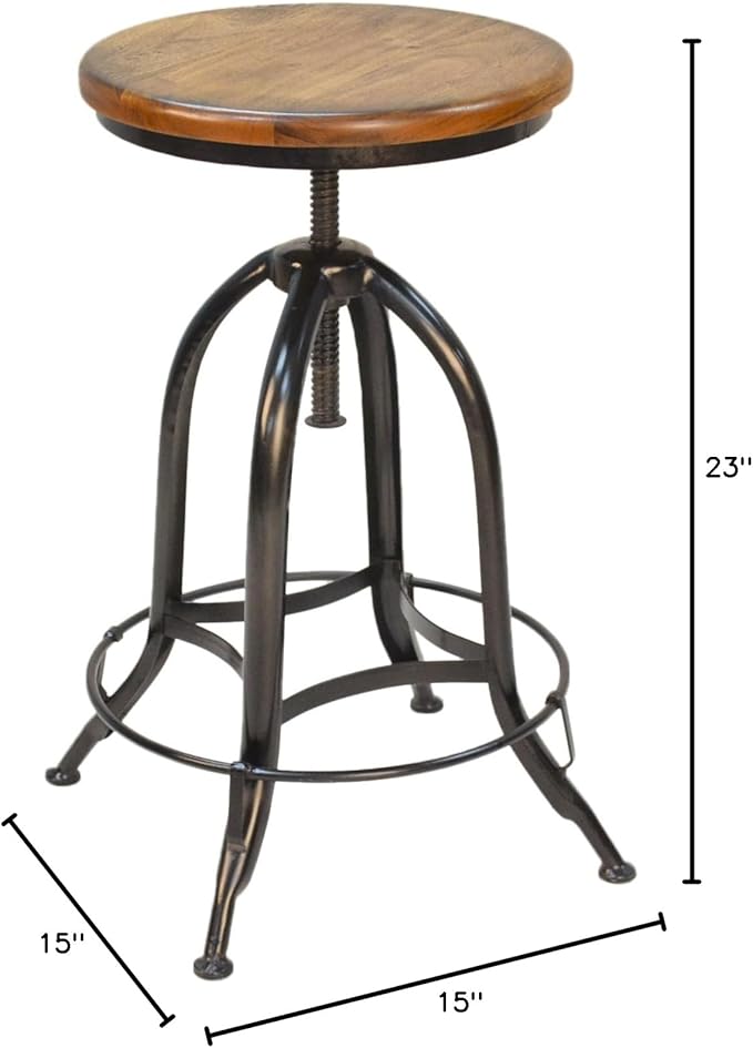 Carolina Chair &amp Table Ryder Adjustable Round Bar Stool - Powder Coated Finish Metal Frame Solid Wooden Seat Swivel Stool - Rustic Style Furniture for Counter Dining Room Kitchen (Chestnut/Black