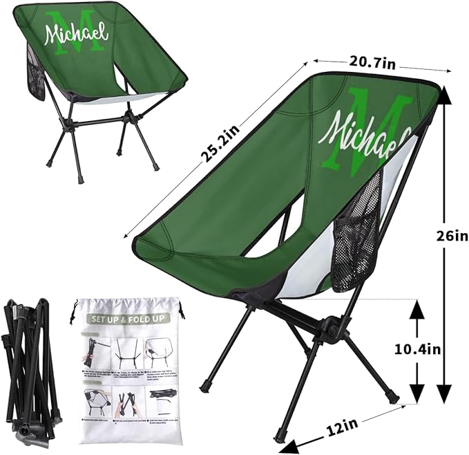 Custom Green Portable Camping Chair Personalized Backpacking Chair with Name Lightweight Foldable Chairs for Hiking Beach