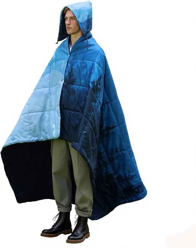 zzlamb Hooded Stadium BlanketWaterproof Outdoor Camping Blanket Polar FleeceWarm Windproof Portable for StadiumSportsPicnicBeachCarPets56x75in Cyan Ridge Fade