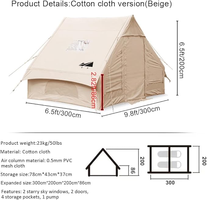 Large Luxury Inflatable Camping Tent Cotton Canvas Tent Breathable and Waterproof Air Tent with Skylight and Stove Jack Hole for for 4-6-8-10 Person Family Camping