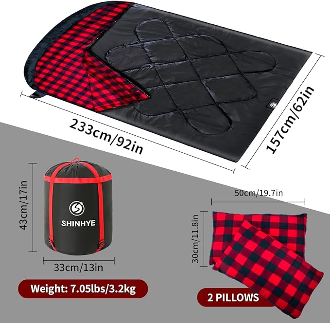 ShinHye Double Sleeping Bag for Adults with 2 Pillows Camping Sleeping Bags Flannel Cotton 2 Person Sleeping Bags XXL Queen Size Sleeping Bag for Cold Weather