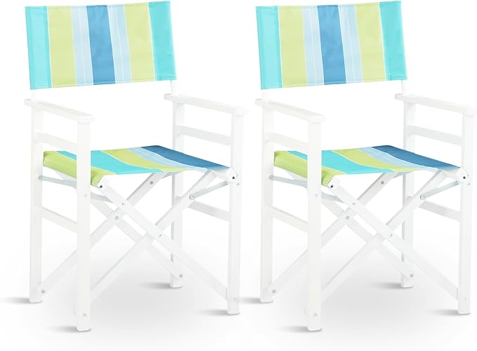 VINGLI Widen Folding Director Chair Set of 2 with Sturdy Wooden Frame &amp Beige Canvas Portable Durable for Outdoor Patio Camping Use Green and Blue Strip