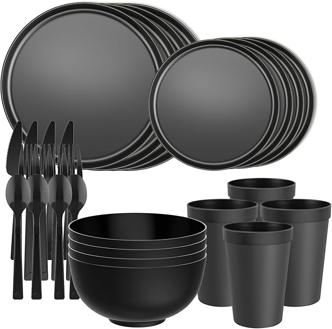 20 Piece RV &amp Camping Dinnerware Set Elegant Ceramic-Look Large Bowls &amp Plates Unbreakable &amp 100% Microwave Safe Melamine Alternative Service for 4 Black