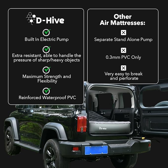 D-Hive SUV Air Mattress Ultra-Thick Material Extra-High Car Air Mattress SUV Mattress for Toyota 4runner Car Mattress w/Built-in Pump Inflatable Car Air Mattress Grey