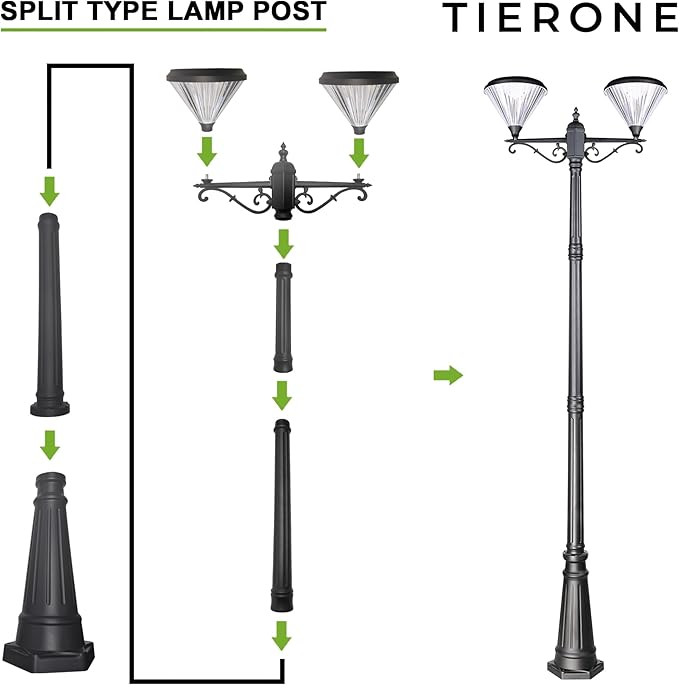 TIERONE 7.5FT LED Post Solar Light Dusk to Dawn Landscape Pathway Dual-Head Pole Light IP65 Waterproof 3000K Warm White Outdoor Street Lights for Lawn Patio Yard Pathway Garden