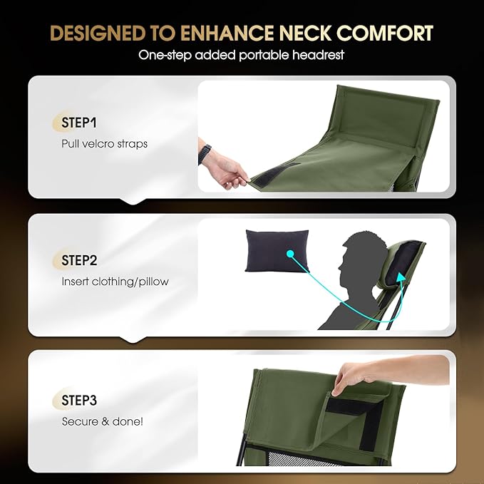 MOON LENCE Oversized High Back Camping Chair for Adults Height Adjustable Folding Chair with 400 lbs Capacity Hidden Pillow Pocket and Wide Seat for Camping Base Camp Fishing Overlanding Green