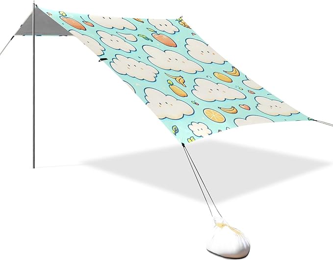 Cartoon Clouds Simple Strokes of Fruits Seamless Image Camping Sun Shelter Beach Tent Portable Beach Sun Shade Outdoor Canopy for Camping Trips Fishing Picnic