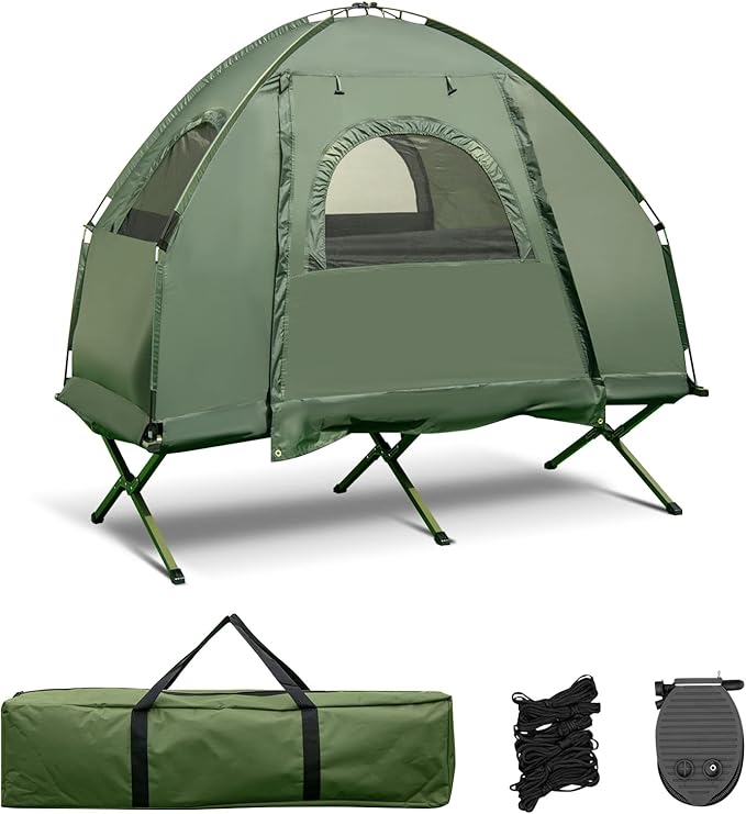 Safstar 5-in-1 Tent Cot Camping Cot Tent with Air Mattress Sleeping Bag Camping Cot Awning &amp Air Pillow Carrying Bag Off The Ground Tent Elevated Tent Cot for Camping Hiking Picnic Travel