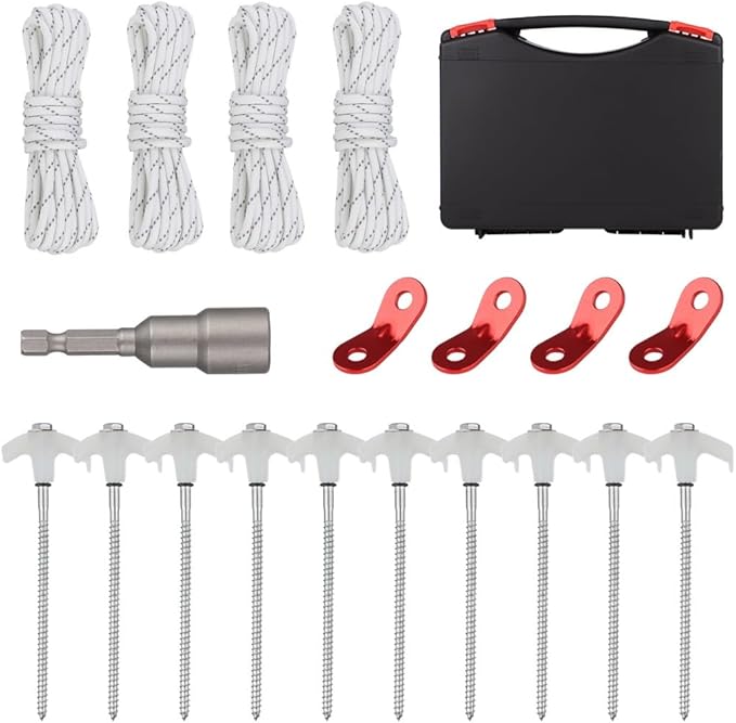 Camping Peg Kit: 10 Screw-in Metal Tent Stakes with Fluorescent Heads Reflective Cords Tensioners Socket &amp Storage Box 8 Inch for Outdoor Use