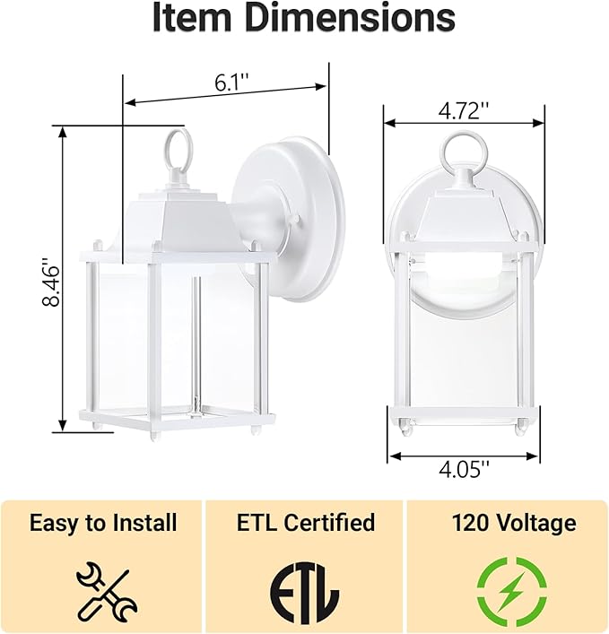 LIT-PaTH Outdoor LED Wall Lantern Wall Sconce as Porch Light 9.5W 800 Lumen Aluminum Housing Plus Glass 5000k-Matte White Finish 1-Pack