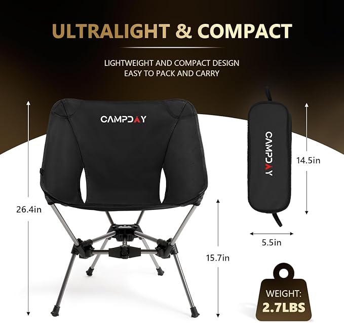 Camping Chair Backpacking Portable Hiking Ultralight Small Lightweight Folding Chair for Outdoor Camp Beach Picnic Concert Supports 330lbs (Black1PCS)