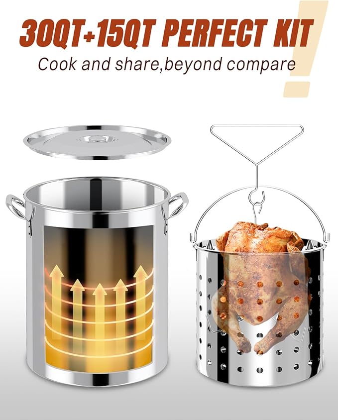 30QT Turkey Fryer with Waterproof Cover | Stainless Steel | Propane Burner | 50000 BTU | CSA Certified | Outdoor Deep Fryers with Basket | Ideal for Turkey Frying &amp Seafood Boil