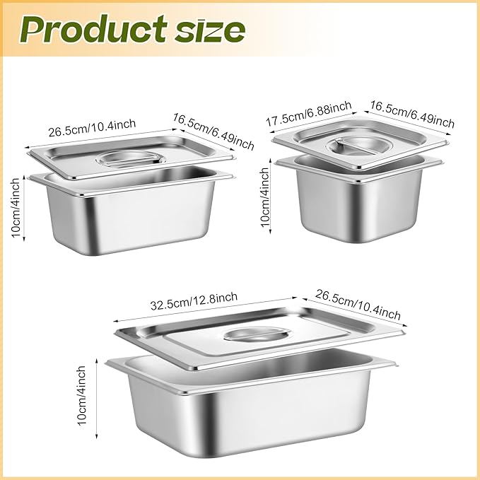 Maxdot 7 Set Stainless Steel Hotel Pan 1/2 1/4 1/6 Size 4 Inch Deep with Lids Stainless Steel Steam Table Pan Commercial Food Pans for Restaurant Catering Salad Bar Party Supplies Metal Steam Tray