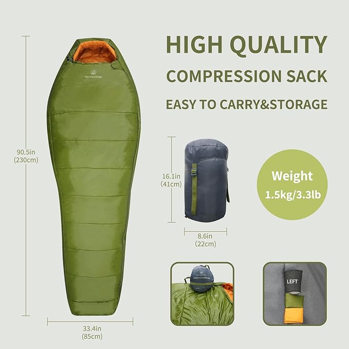 Mountainlodge 3-4 Seasons Shingle Sleeping Bag 15℉ with Inner Pocket for AdultPerfect for BackpackingTraveling and HikingIncluding Free Compression Stuff Sack.
