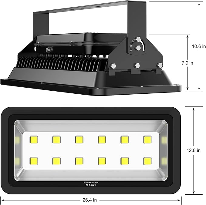 600W Outdoor LED Flood Light 60000LM Super Bright 110-285V IP66 Waterproof 6000K Daylight White Security LightsLighting for Playground Yard Stadium Lawn Ball Park