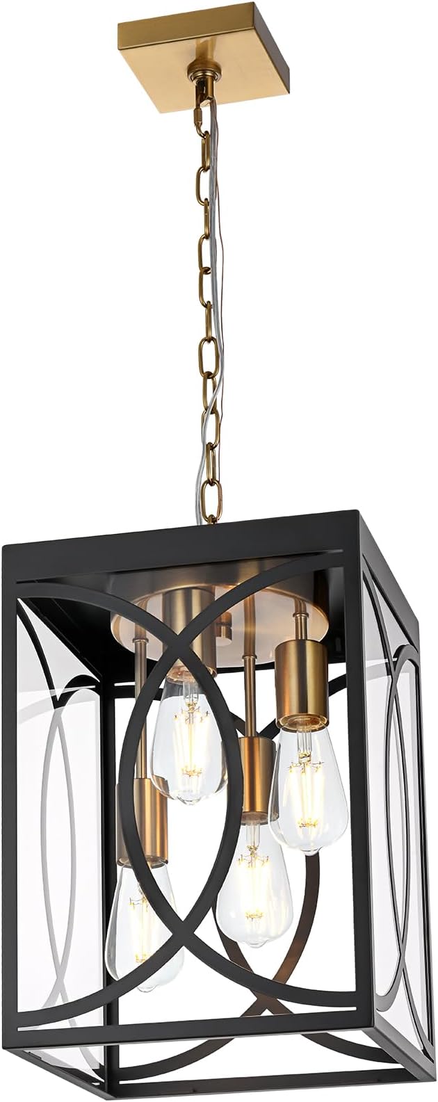 4-Lights Large Outdoor Pendant Light Fixture E26 Bulb Base Porch Hanging Lighting in Black &amp Brushed Brass Modern Exterior Lantern Chandelier Ceiling Mount for Patio Front Door