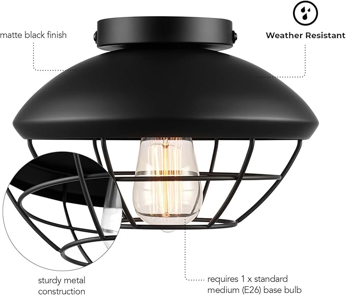 Globe Electric 60000120 1-Light Outdoor Flush Mount Ceiling Light Matte Black Finish Metal Cage Shade Weather Resistant Industrial Outdoor Ceiling Light E26 Base