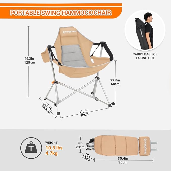 KingCamp Hammock Camping Chair Swinging Portable Folding Camp Chairs for Adults Max 400lbs Heavy Duty Foldable Oversized Rocker with Aluminum Alloy Frame Cup Holder for Outdoor Beach Patio Sport