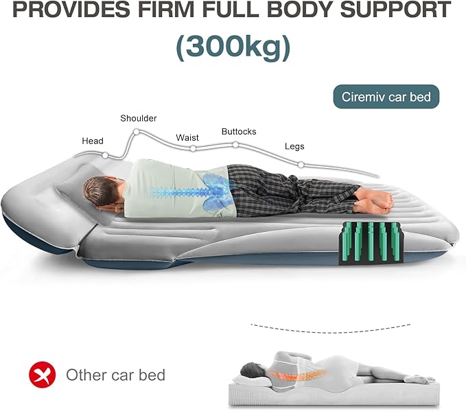 SUV Air Mattress Double-Sided Thick Flocked Car Air Mattress with Built-in Pump &amp Pillow Complete Sleeping Accessories for Auto Camping &amp Road Trips（Light Grey）
