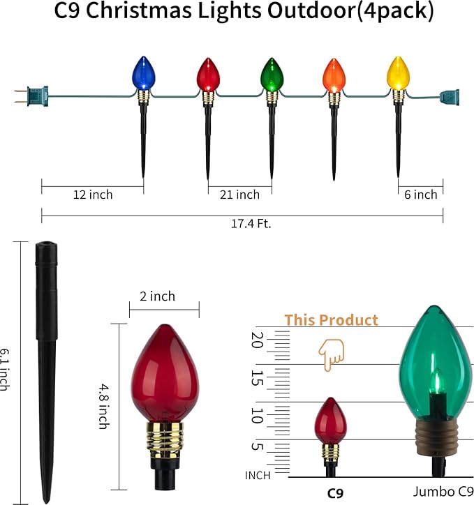 Brightown 4 Pack C9 Christmas Pathway Lights Outdoor Total 69.6 Ft 40 Lights Waterproof Connectable Walkway Lights for Yard Ground Sidewalk Driveway Christmas Decorations