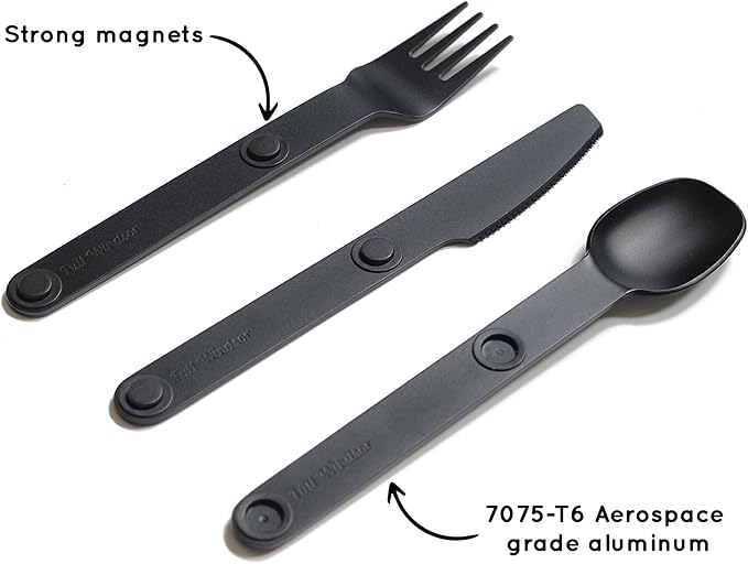 FULL WINDSOR Magware Camping Set - Travel Utensils for Outdoor Dining Backpacking &amp Camping Essentials - Knife Fork &amp Spoon with Pouch - Magnetic Silverware Lunchbox Utensils Cutlery - Black