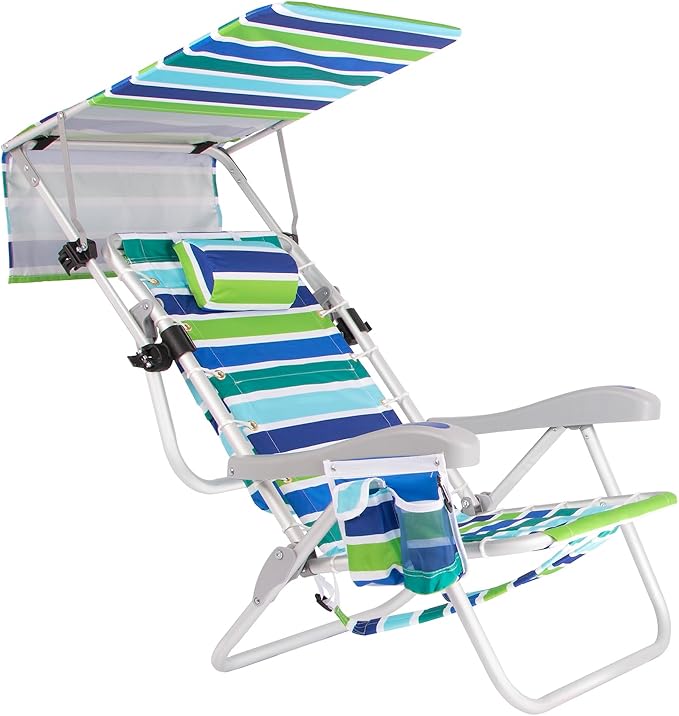 Ultimate Heavy Duty Aluminum Lace-Up Folding Backpack Beach Chair for Adults | Low Seat Lay Flat 5 Reclining Positions | Removable Insulated Cooler Pouch &amp Canopy for UV Protection
