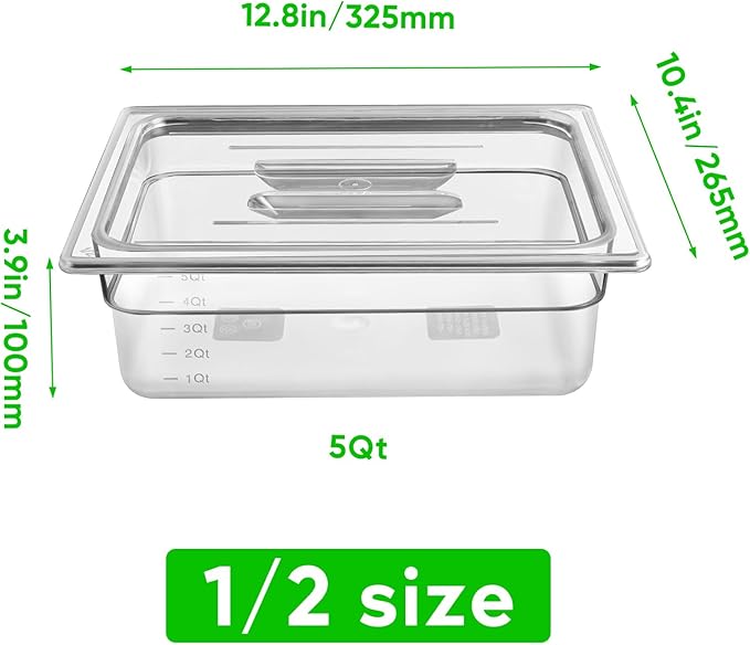 6 Pack 1/2 Size 4'' Deep Clear Food Pans with Lids Commercial Food Pans Polycarbonate Transparent Food Storage Containers Stackable Plastic Pan with Capacity Scale Restaurant Supplies Hotel Pan