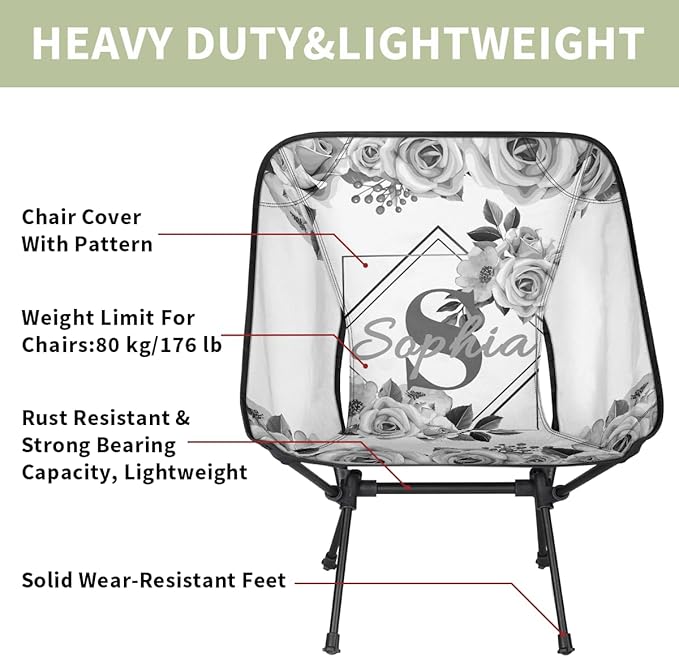 Camping Chair Personalized Backpacking Chair Lightweight Portable Folding Customized Name Chairs for Beach Sport Hiking (Gery)