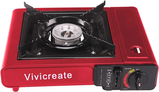Vivicreate 8500 BTU Portable Butane Gas Stove for Camping Cooking Outdoor Lightweight Portable Stove Burner with Auto Ignition Estufa de Gas Portátil para Camping al Aire Libre(Red)