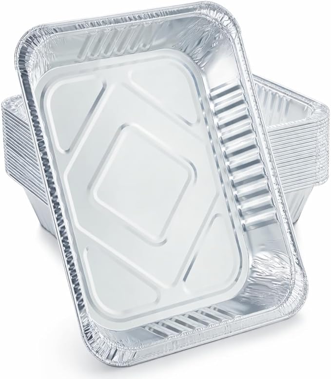 PRIME BASIC Aluminum Pans Half Size Disposable Roasting &amp Baking Pan 9x13 Deep Foil Pans (100 Pack) Extra Heavy Duty Chafing Trays for Hotels Restaurants Caterers Buffets.
