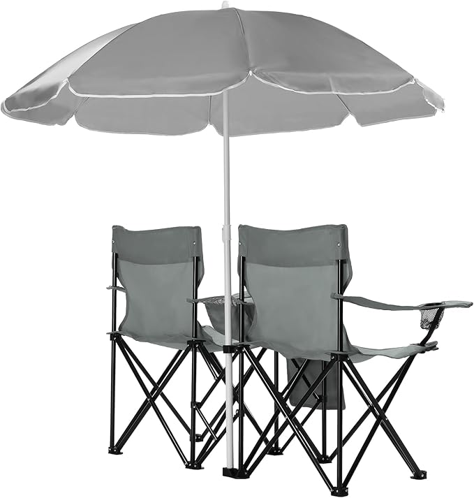 Portable 2-Seat Folding Chair with Removable Sun Umbrella Outdoor Lounge Chair for Fishing Camping Beach Grey