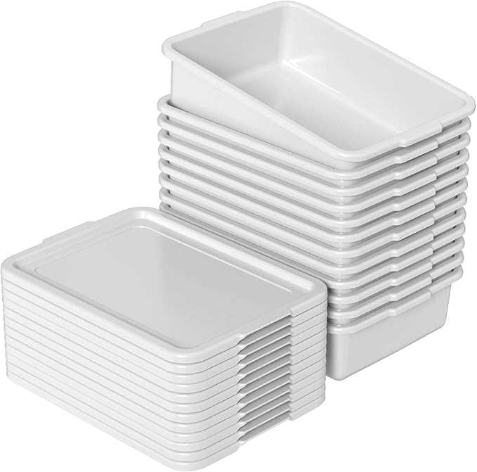 15 L Plastic Commercial Bus Box with Lid 12-Pack Restaurant Dish Tub Gray