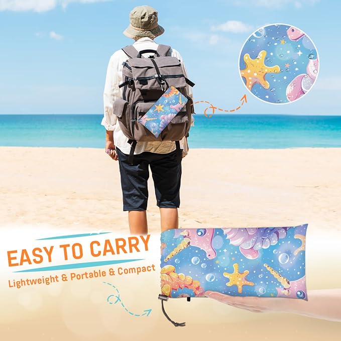 Waterproof Sandproof Beach Blanket 59''×68'' Hippocampus Polyester Outdoor Picnic Blanket with 4 Stakes &amp Storage Bag for BeachCampingVacation Blue