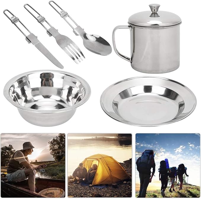 Stainless Steel Outdoor Tableware Set Portable Single Person Cookware for Camping Picnic Hiking Rustproof Camping Dishes Set with Storage Bag Lightweight Outdoor Cooking Utensil
