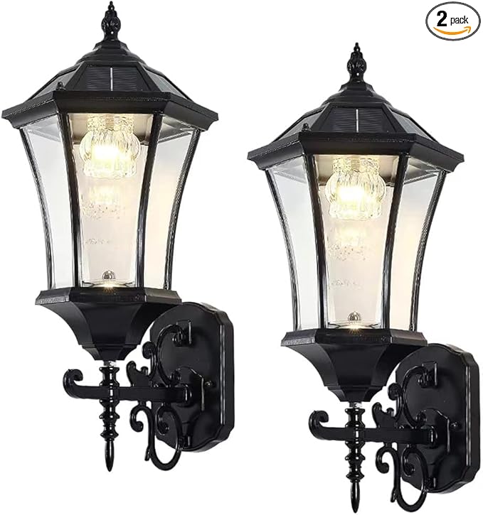 Solar Wall Lantern Outdoor Wireless Dusk to Dawn Solar Wall Mount Light 21 Large LED Wall Sconce Fixture with Clear Glass and Aluminum Housing Weatherproof 2 Pack