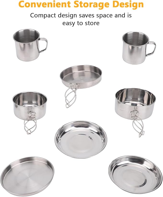 8PCS Stainless Steel Camping Cooking Set Cookware Mess Kit Cook Pots and Pan Set with Plates Cups Lightweight Camping Cookware for Hiking Backpacking Outdoor Cooking and Picnic