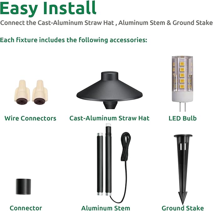 Lumina Lighting® Low Voltage Landscape Lighting Cast-Aluminum Path and Area Light Warm White 3W G4 LED Bulb and ABS Ground Stake Included for Yard Walkway Lawn PAL0106-BkLED6 (Black6-Pack)