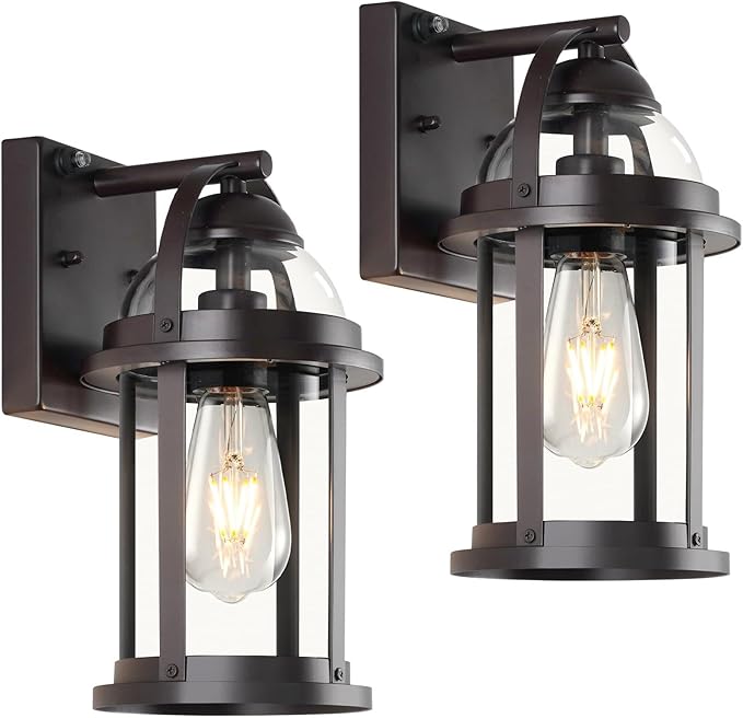 OKELI Dusk to Dawn Outdoor Wall Lights Waterproof Lighting Fixtures Rustic Farmhouse Wall Lanterns with Clear Glass Shades Anti-Rust Outside Lights for Garage Patio Porch(Brown 2 Pack)