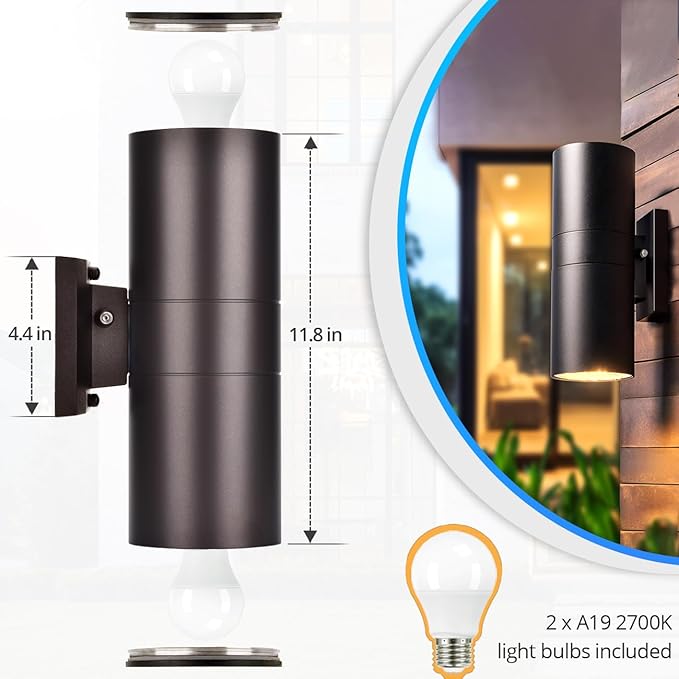 wowlite Modern Outdoor Wall Light with Dusk to Dawn Sensor 2 Pack LED Cylinder Up Down Wall Light Outdoor 2700K Warm Light Bronze Exterior Light Fixture IP65 Waterproof Wall Sconce for Porch Garage