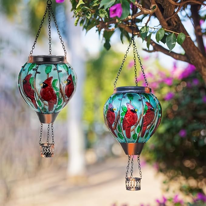 2 PCS Cardinal Hot Air Balloon Solar Lantern with Flickering Flame LightGlass Hanging Solar Lights Outdoor Waterproof for Patio Yard Party Gift Decor