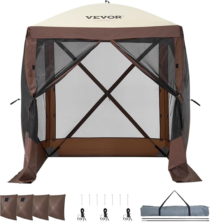 VEVOR Pop Up Gazebo Tent Pop-Up Screen Tent 4 Sided Canopy Sun Shelter with 4 Removable Privacy Wind Cloths &amp Mesh Windows 6x6FT Quick Set Screen Tent with Mosquito Netting Brown