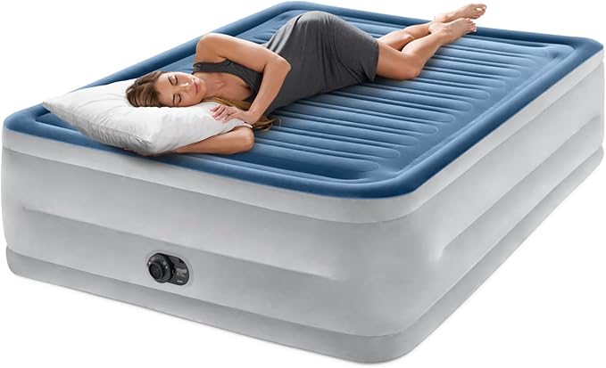 Intex: Dura-Beam Deluxe Comfort-Plush Air Mattress - 22 Queen Blue - Built-in Electric Pump Durable Fiber-Tech Carry Bag Included 600lb Capacity