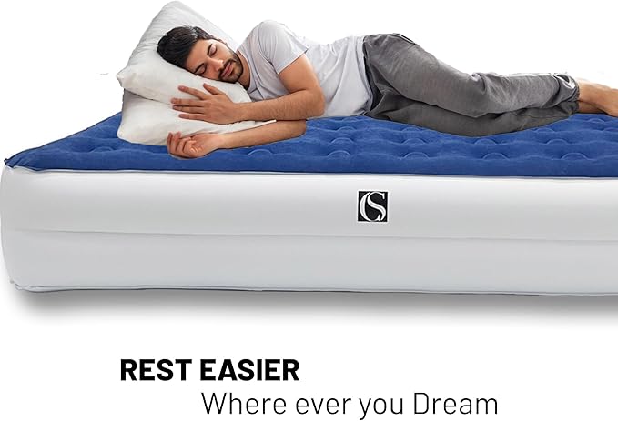 Greaton 14-Inch Durable Luxury Inflatable Air Mattress with Comfort Coil Technology and High Capacity Pump Good for Camping Home and Portable Travel Twin Blue