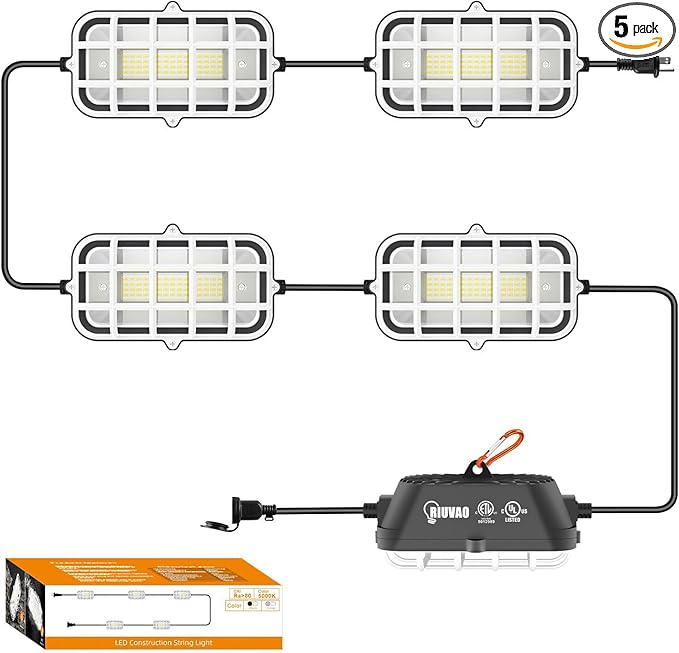 50ft LED Construction String Lights75W 7500LM Waterproof IP67 Led String Work Lights Construction Temporary Lights (50ft-5lights)
