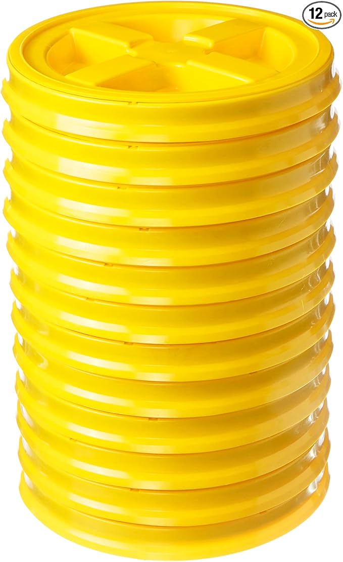 Gamma Seal Lids for 3.5 5 6 and 7 Gallon Buckets – Pack of 12 Yellow Gamma Lids – Food Grade BPA Free Reusable Lids Made in USA